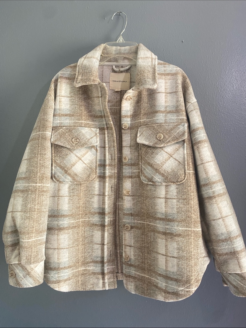 Thread & Supply Beige and Cream Plaid Shirt Jacket